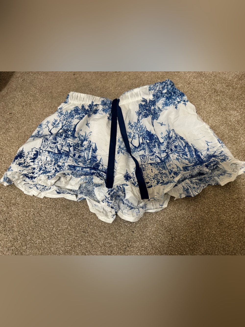 Blue & White Printed Women's Sleep Shorts with Navy Drawstring